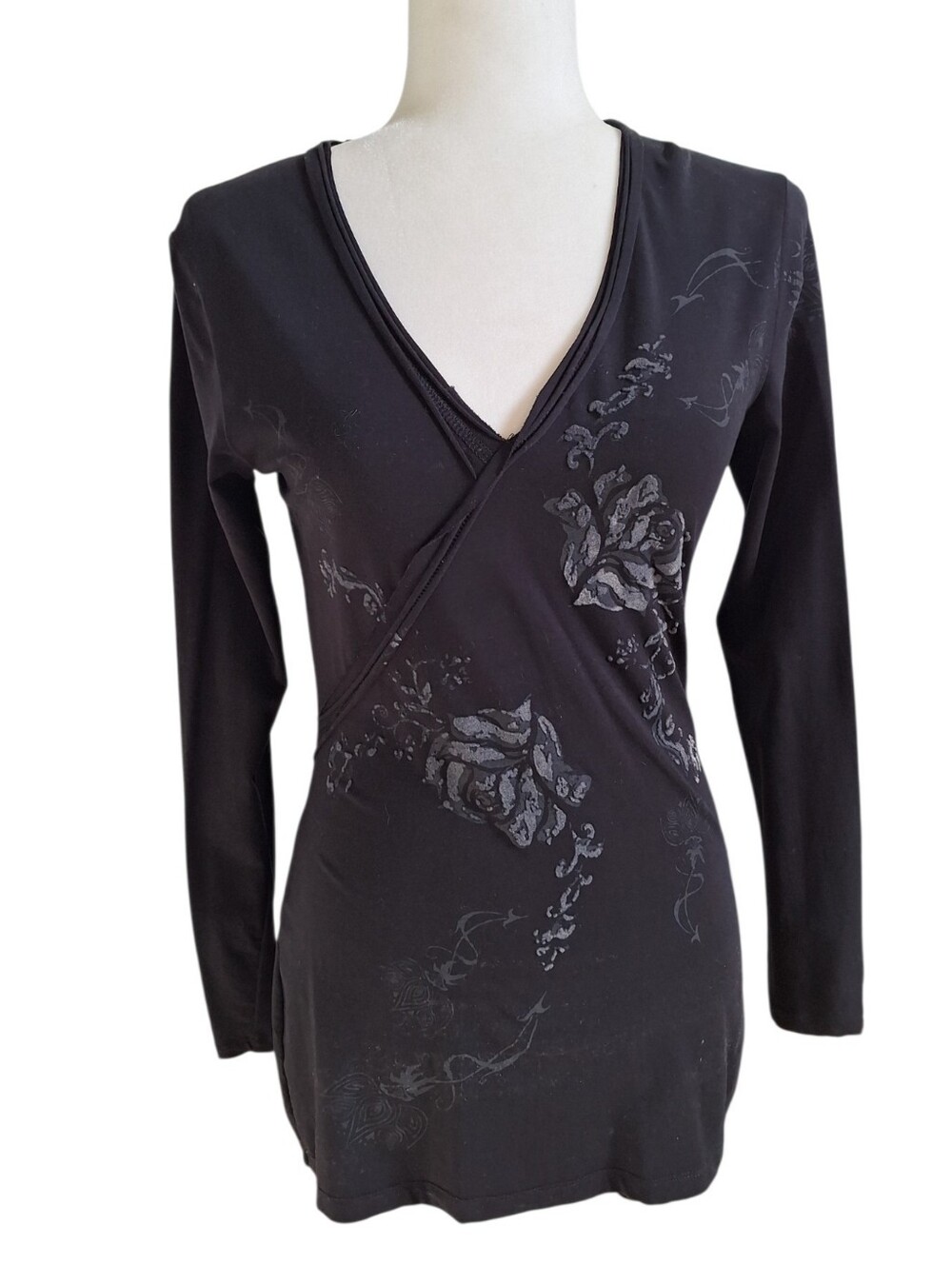 Margittes Fab Y2K Black Knit Embellished V-Neck Knit Top Long Sleeve eu36 US szS